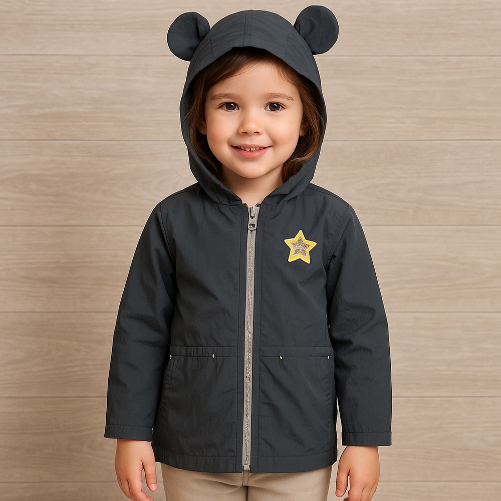 Toddler Bear Ear Hooded Windbreaker Jacket Gray Star Patch Size 4T 5T